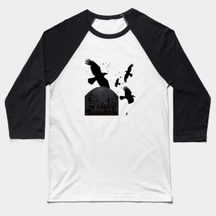 Sacred Gothic Text Gravestone With Crows and Ravens Baseball T-Shirt
